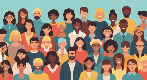 Flat vector illustration of a diverse group of multiethnic people, including men and women of various ages and styles, standing together in a large crowd against a teal background.