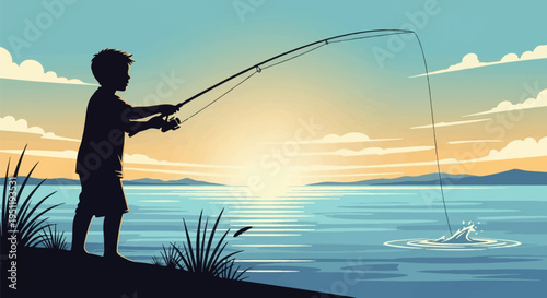 Silhouette of a young boy standing on a shore fishing with a rod and reel at sunset over calm water with mountains in distance, featuring a leaping fish and soft clouds.