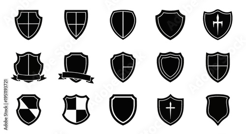 Fifteen flat black shield icons with white outlines and interior details like crosses, horizontal ribbons, and quartered patterns, suitable for heraldry and web UI design symbols.