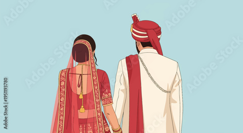 Back view vector illustration of a traditional Indian wedding couple, bride in a red embroidered lehenga and dupatta, groom in an ivory sherwani and red pagri turban.