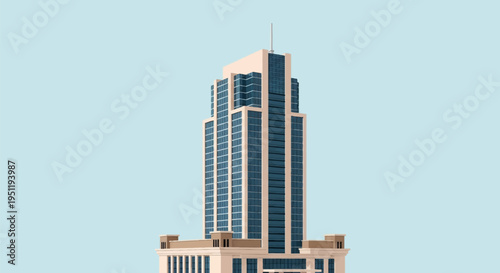 Minimalist vector illustration of a modern office skyscraper featuring a beige facade, blue glass windows, stepped architectural levels, and a rooftop spire against a solid light blue sky.