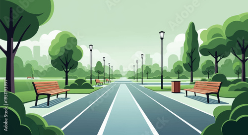 Flat vector illustration of a modern city park with a wide asphalt jogging path, white lane markings, wooden benches, street lamps, green trees, and distant urban skyline silhouette.