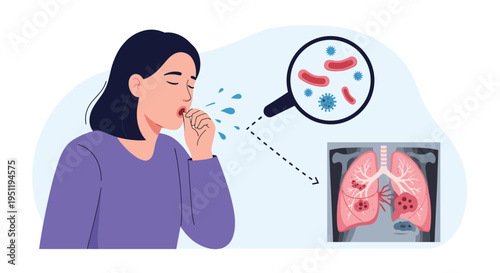 Woman coughing while covering her mouth with her hand showing microscopic bacteria and a diseased lung x-ray image to indicate infection.