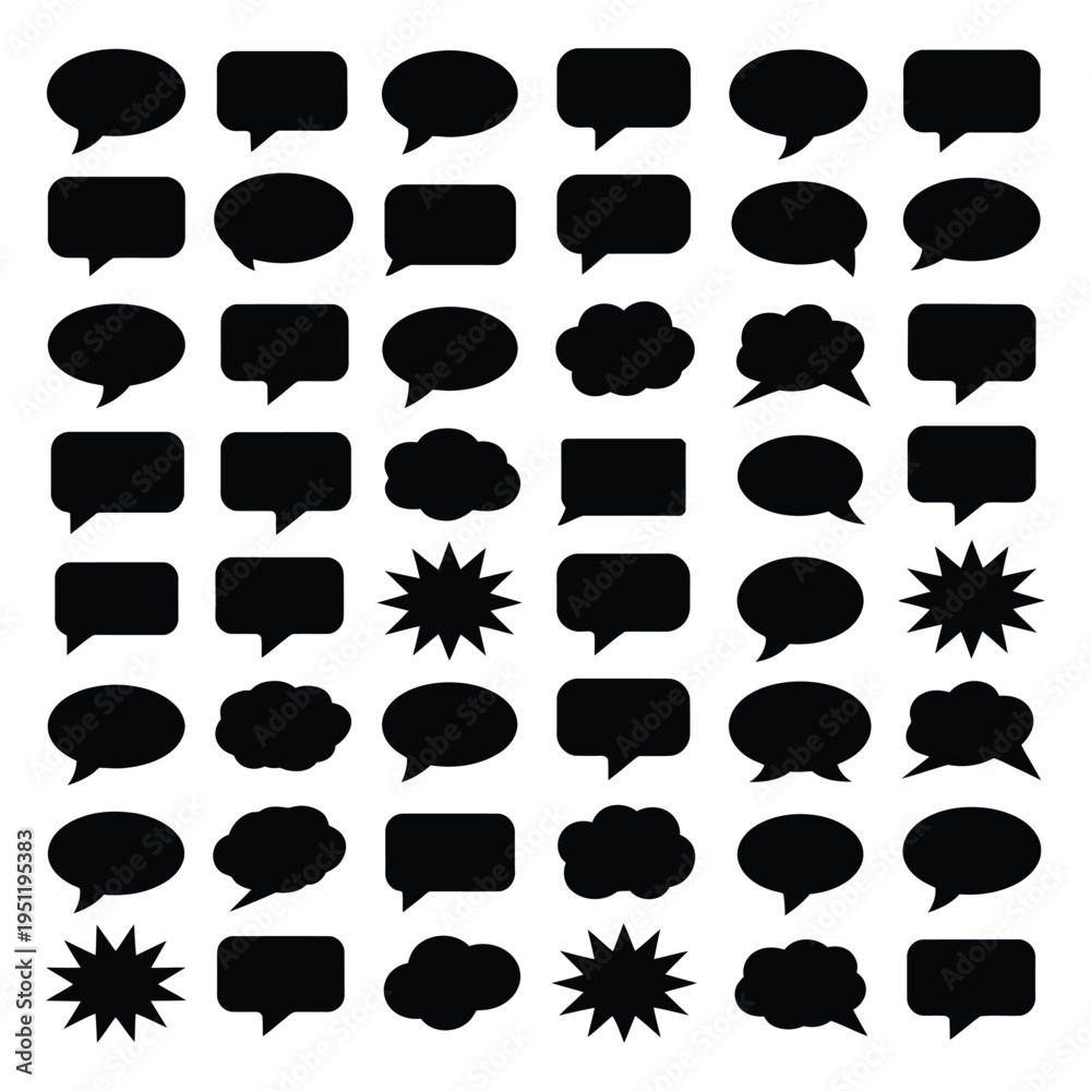 Fototapeta premium Black Speech Bubble Collection, Comic Dialog Bubble Set With Different Shapes And Styles, Minimal Chat Icons For Messaging Apps, Social Media, Website UI Design