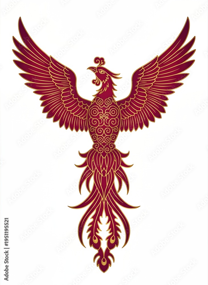 Fototapeta premium Traditional Chinese Phoenix Illustration with Red and Gold Ornate Details, Mythological Fenghuang Bird Vector with Spread Wings and Decorative Swirls Isolated on White Background