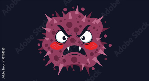 Microscopic view of an angry purple virus character with red cheeks and sharp teeth against a dark background representing disease.