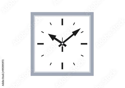 A square clock face shows time with black hands and markers on white background