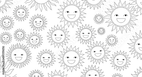 Black and white line art pattern featuring multiple happy smiling sun characters with rays of various sizes and shapes on white.