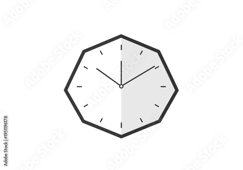 A minimalist, geometric clock face displaying the time on a clean white background, showcasing a stylized, modern design with bold outlines and subtle shading