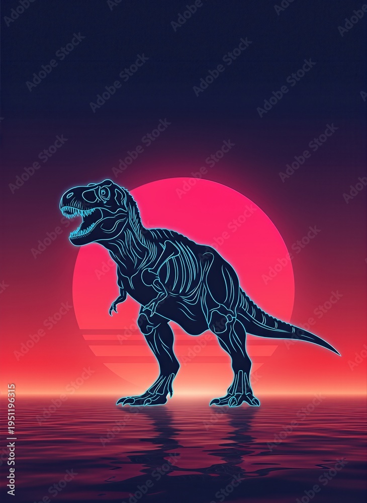 Fototapeta premium Retro Synthwave Tyrannosaurus Rex Illustration with Neon Glowing Dinosaur Skeleton Silhouette over a Vibrant Pink Sunset and Water Reflection, 80s Aesthetic Digital Art Background