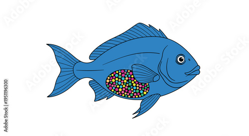 Blue fish swimming with its stomach full of colorful plastic particles to represent ocean pollution and environmental damage risk.