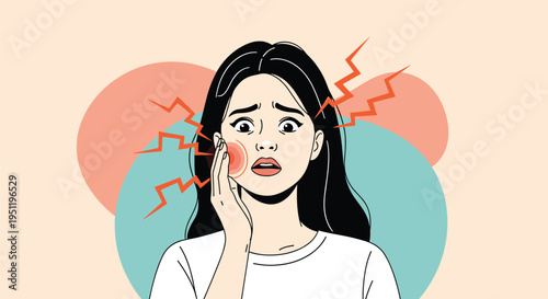 Young woman suffering from severe toothache or jaw pain with red irritation marks and lightning bolts illustrating discomfort.