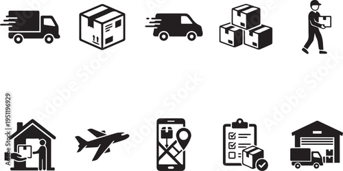 A collection of black and white icons depicting various aspects of logistics and delivery services including trucks airplanes and packages