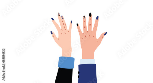 Pair of hands raised up showing diverse nail art designs with blue black and white patterns on a white background.