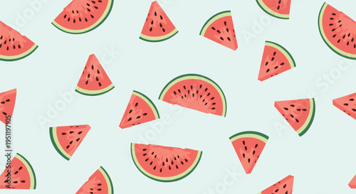Seamless pattern of vibrant watermelon slices with black seeds scattered across a light blue background for summer vibes.