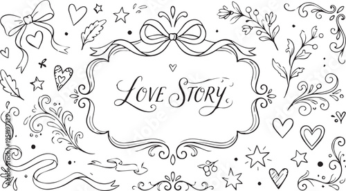 A romantic illustration featuring the words Love Story in elegant script surrounded by hearts stars and floral patterns on a white background