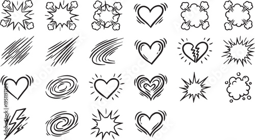 A collection of 20 hand-drawn comic book style illustrations including hearts and explosion effects on a white background
