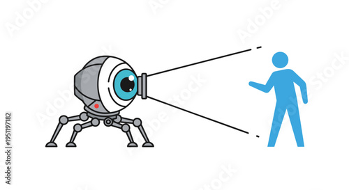Spider-like robot with a large blue eye projecting a light beam onto a human silhouette in a futuristic concept.