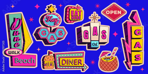 Vintage neon bar and gas station signs with retro arrows and glowing lights. Vector cartoon illustration of classic American roadside signage set, vibrant nostalgic hotel, diner signboard collection