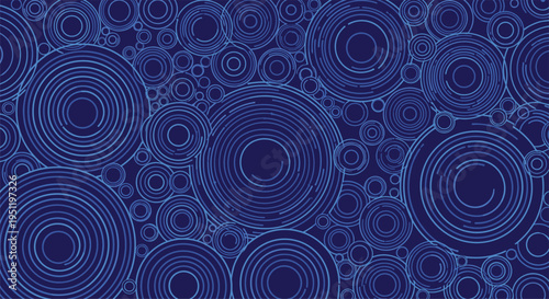 Intricate abstract pattern composed of numerous dark blue circles and concentric rings creating a tech-inspired texture.