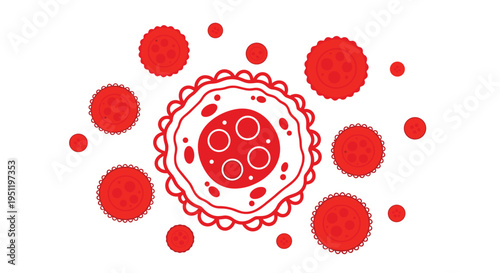 Microscopic view of red biological cells and microorganisms with a central large cell on a plain white background.