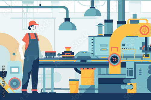 A man stands confidently in front of a large, intricate machine located in a bustling factory, observing its operations contemplating impact on production process at hand vector illustration. 
