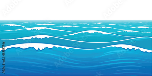 Horizon of vibrant blue ocean waves, smooth water surface, endless sea, bright aqua backdrop, nature's calm energy, aquatic tranquility, refreshing seascape, summer motif