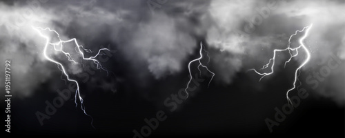 Thunderbolt and lightning strike through stormy dark clouds, realistic vector background. Atmospheric banner with dramatic powerful bolts glowing in the night sky, bad weather illustration, hurricane