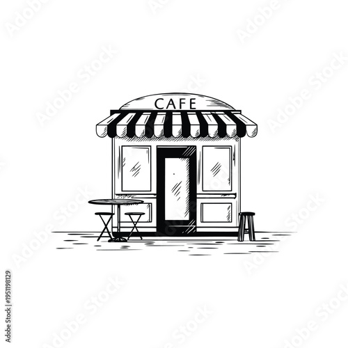 Hand drawn black and white illustration of small cafe shop sketch vintage retro vector art