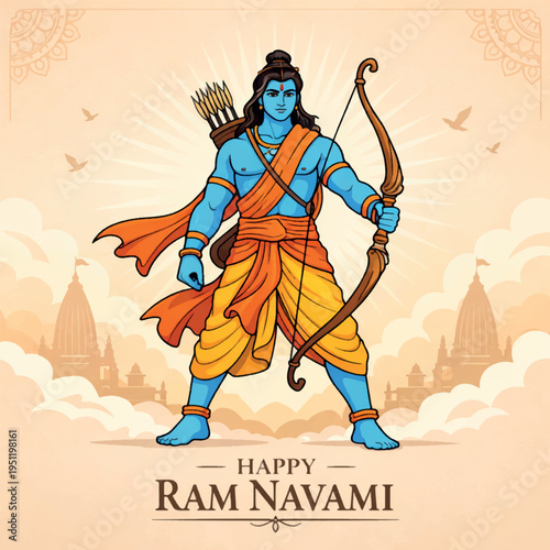 Lord Rama standing with bow devotional Hindu mythology character Ram Navami illustration