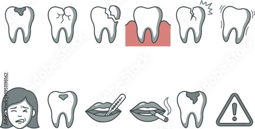 An illustration showing various tooth problems and dental health issues with a focus on damaged and decayed teeth