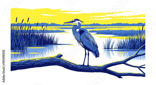 Great Blue Heron perched on driftwood in marshland with reeds and yellow sky