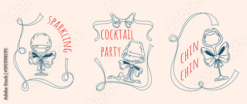 Cocktail party posters with alcohol glasses, ribbon bows in abstract doodle frames. Vector illustration of vintage party invitation card, poster design with coquette girly drink, whimsical decoration