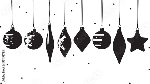 A row of hanging Christmas ornaments in various shapes and designs against a white background with small black dots
