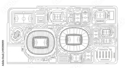 Architectural Blueprint of a Sports Complex with Stadiums and Facilities.