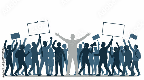 A group of people protesting or demonstrating with signs and flags in a show of unity and solidarity on a white background