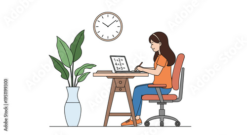 Young student girl sitting at a desk and using a laptop to solve mathematical multiplication problems while studying at home.