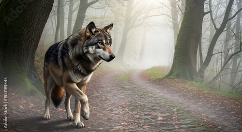 Wolf walking on forest path mist.
