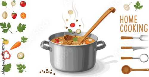 Home Cooking Soup Pot with Wooden Ladle Fresh Vegetables Herbs and Spices Kitchen Food Preparation Vector Illustration Collection