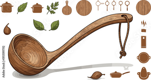 Wooden Soup Ladle and Rustic Kitchen Utensil Collection with Herbs Leaves and Cooking Tools Hand Drawn Culinary Vector Illustration Set