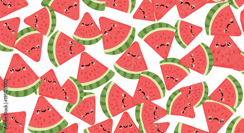 Seamless pattern of adorable cartoon watermelon slices with tiny happy faces on a white background for a refreshing summer design.