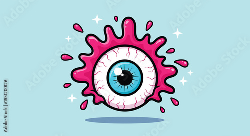 Cartoon Eyeball Splatter with Pink Liquid and Sparkles.