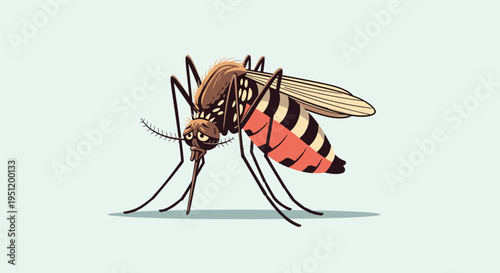 Detailed illustration of a mosquito insect showing its striped body and wings in a realistic but artistic style on a pale background.