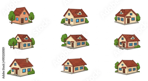 Collection of Charming Cartoon Houses with Red Roofs and Green Trees.