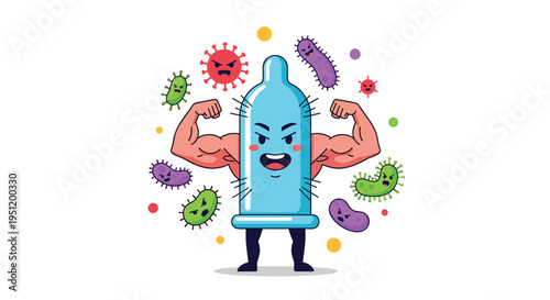 Strong condom character with muscular arms fighting off various colorful bacteria and virus germs to represent safe sex protection.