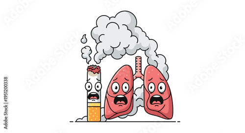 Scared cartoon lungs and a cigarette surrounded by thick smoke to illustrate the harmful health effects and dangers of smoking.