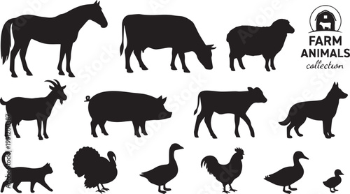 A collection of farm animal silhouettes including a horse cow sheep goat pig lamb dog cat rooster turkey duck and duckling on a white background
