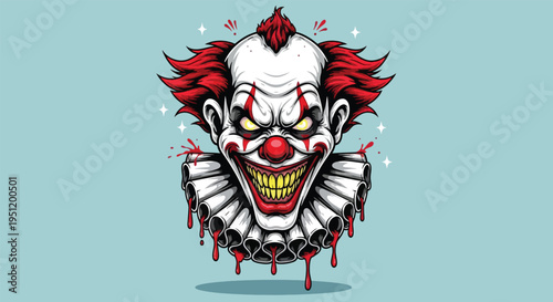 Scary Clown Face with Red Hair and White Ruffled Collar.