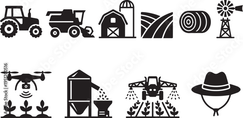 A collection of black and white icons depicting various farm related objects and tools on a plain white background