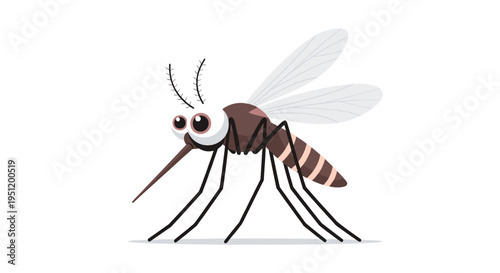 Annoying cartoon mosquito character with large eyes and long legs standing on a white surface to represent pest control issues.